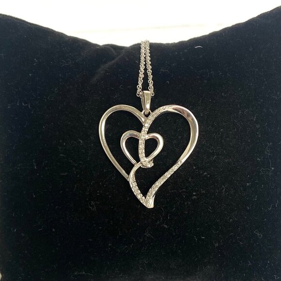 Sterling Silver 925 0.15 CTTW Diamond Heart In Heart Pendant Necklace 18" Chain - Picture 13 of 16